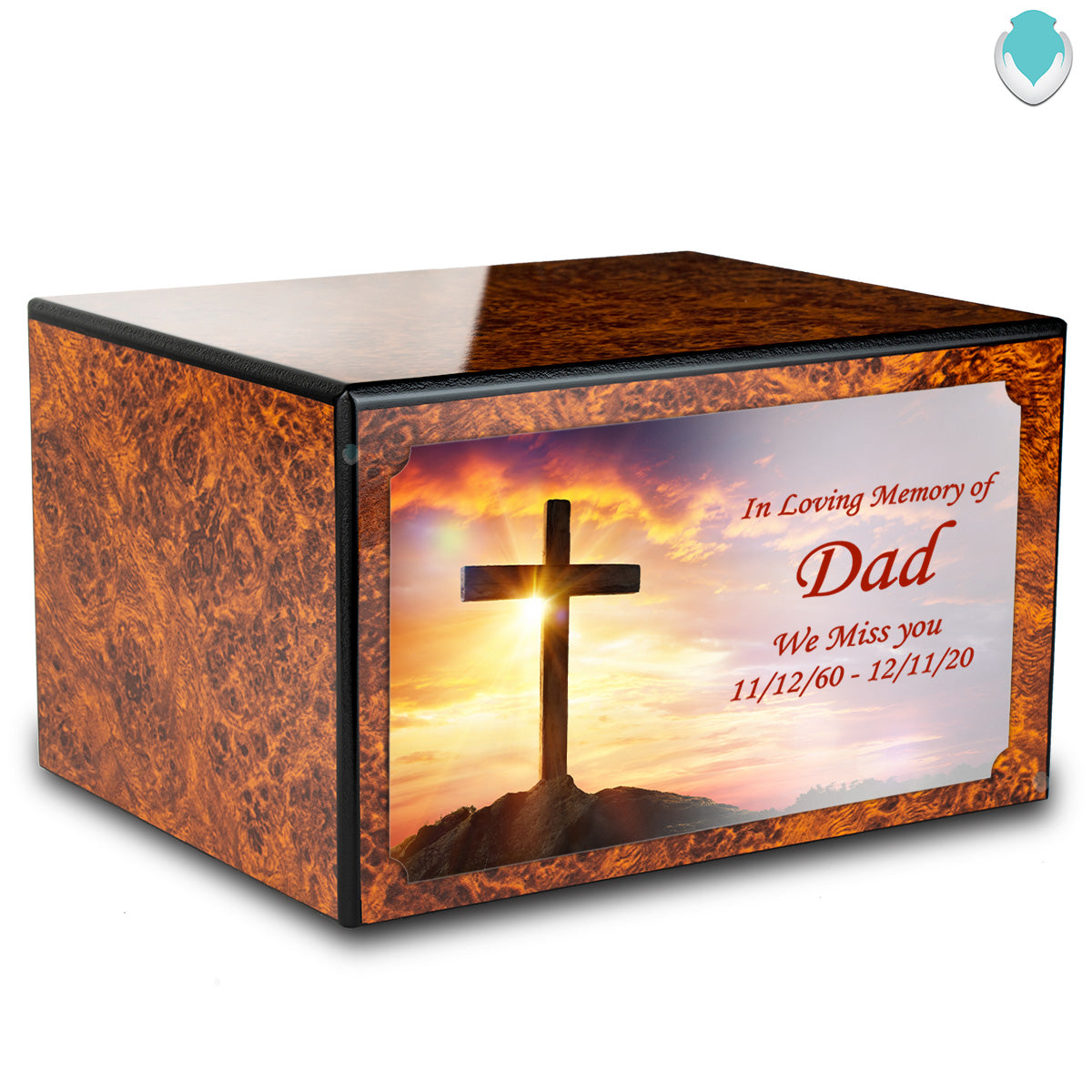 Custom Printed Heritage Burl Cross Wood Box Cremation Urn