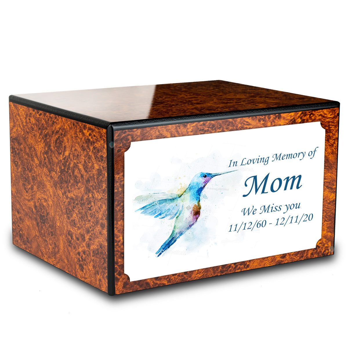 Custom Printed Heritage Burl Hummingbird Wood Box Cremation Urn