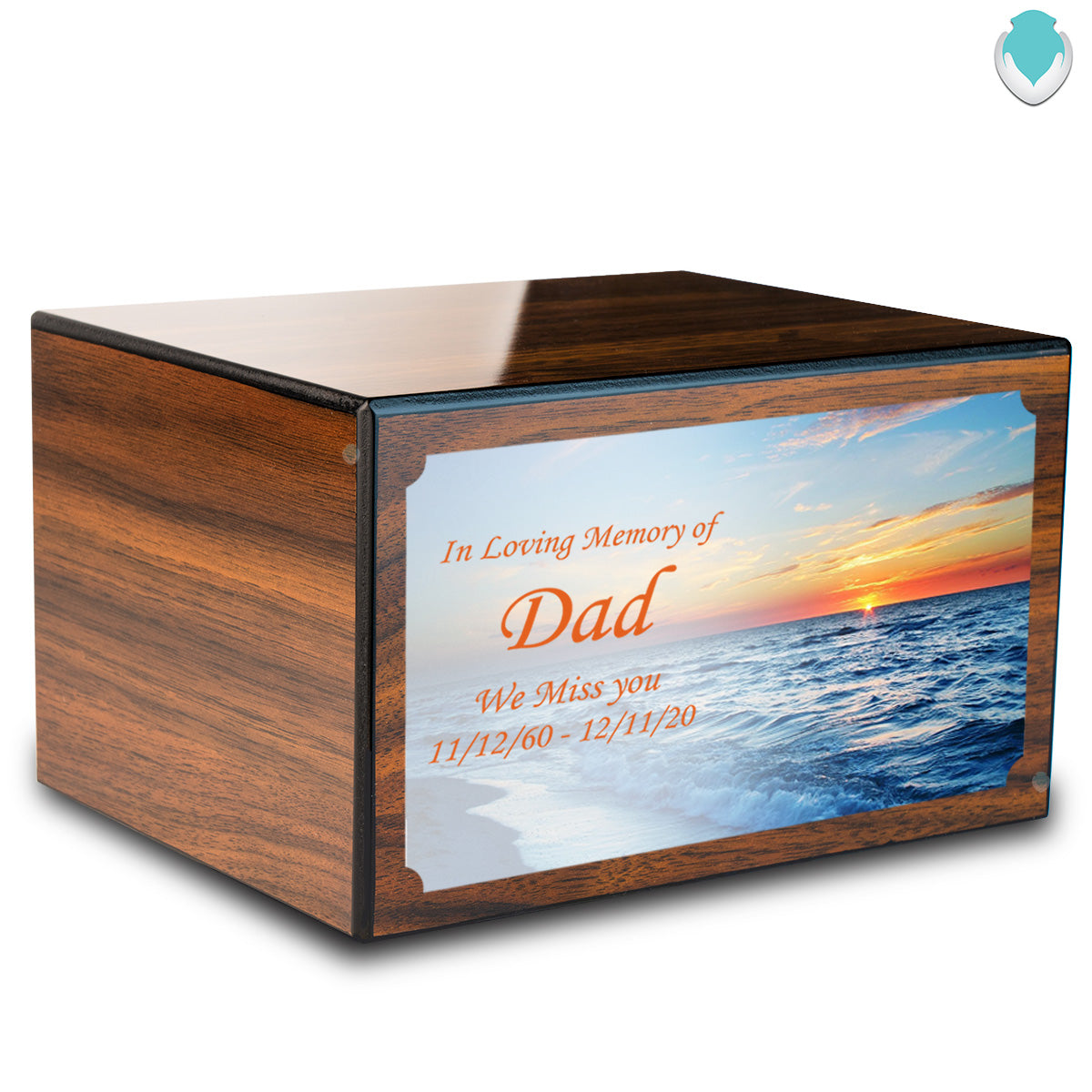 Custom Printed Heritage Walnut Ocean Sunset Wood Box Cremation Urn