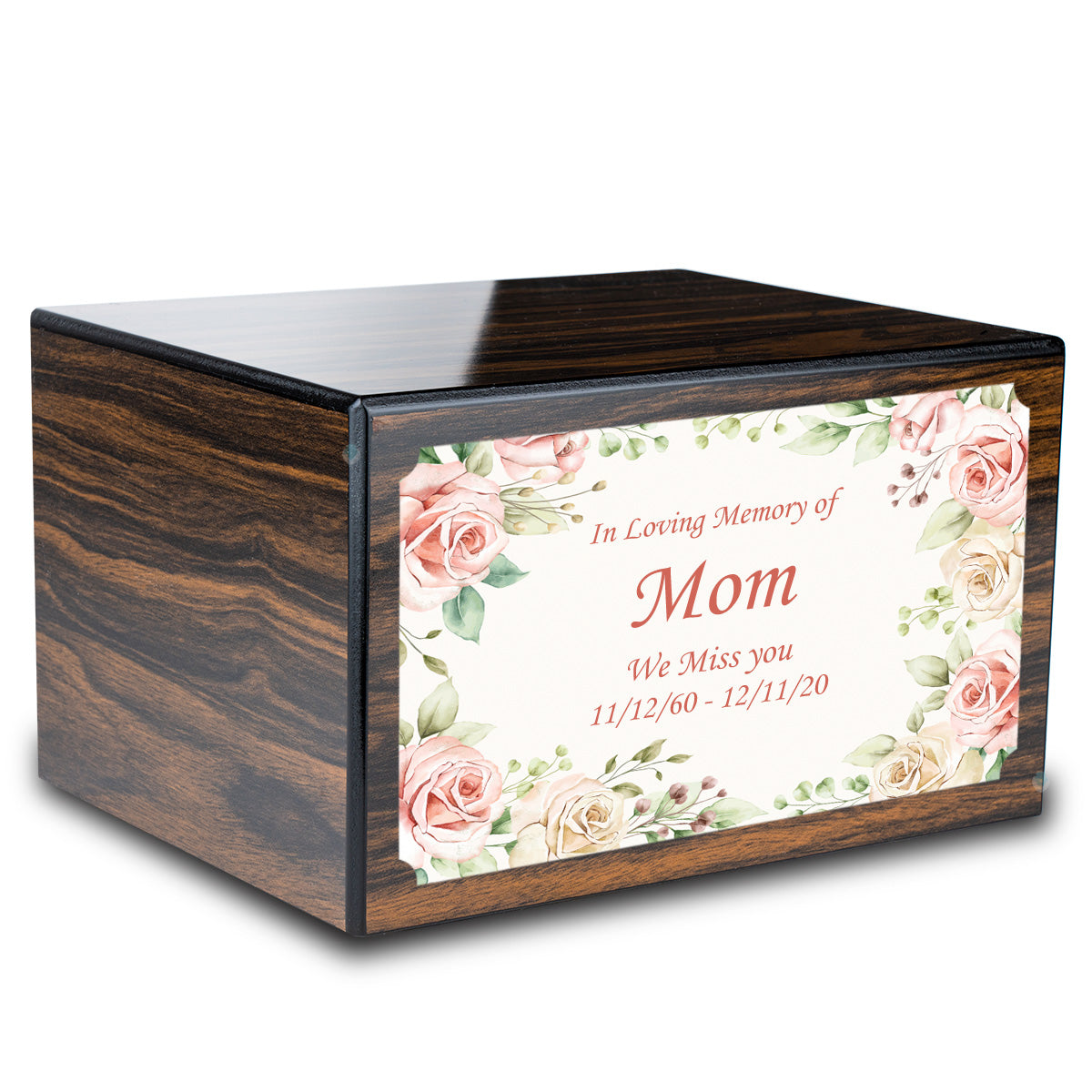 Custom Printed Heritage Espresso Flower Frame Wood Box Cremation Urn