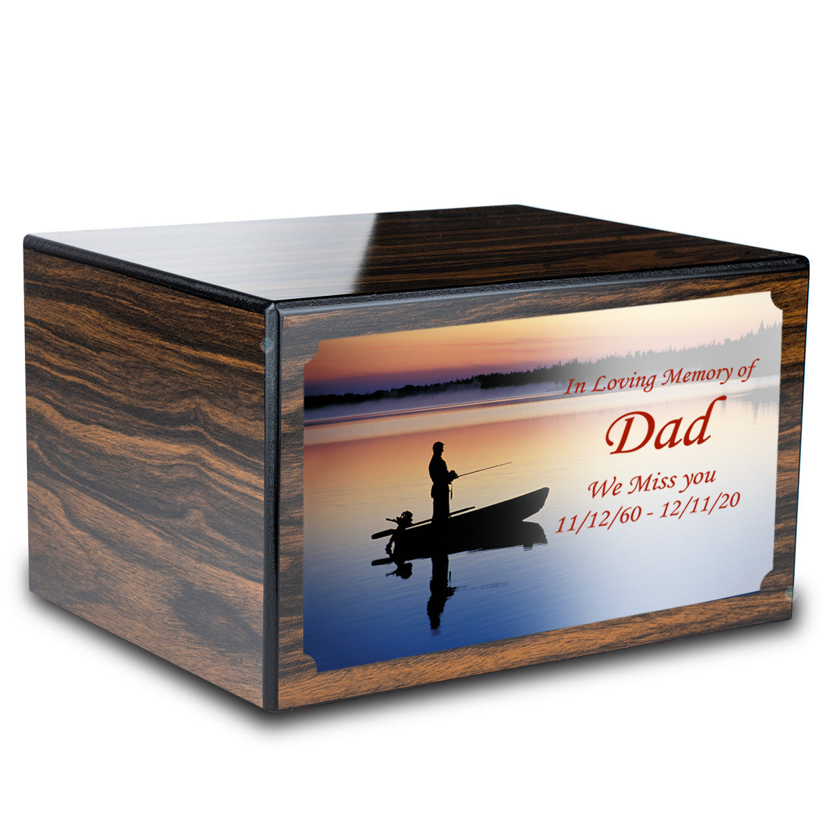 Custom Printed Heritage Espresso Fishing Wood Box Cremation Urn