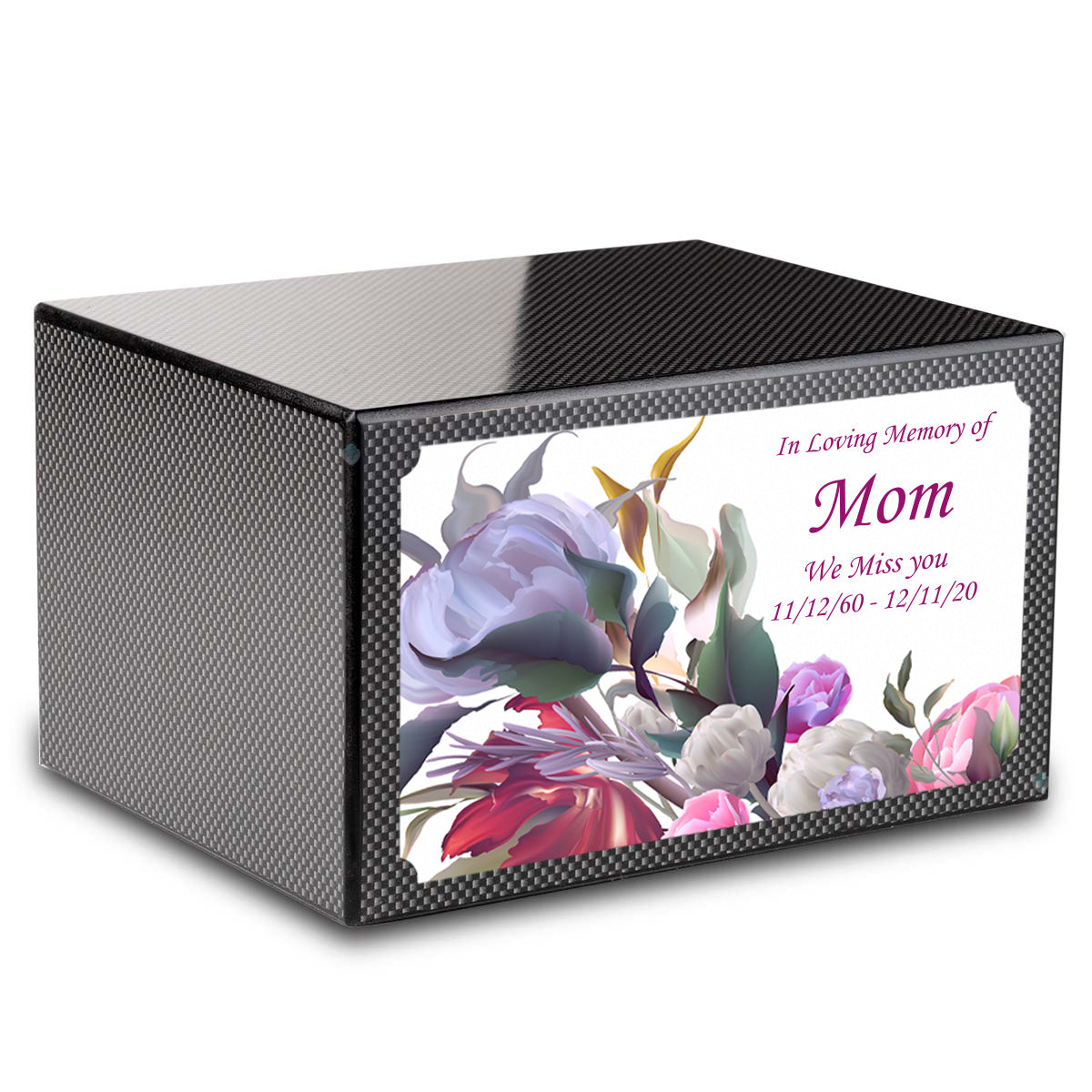 Custom Printed Heritage Carbon Fiber Flowers Wood Box Cremation Urn