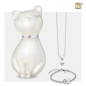 Princess Cat™ Shaped White Colored Pet Cremation Urn, Cat Shaped Silver Colored Bracelet Bead and a Princess Cat Shaped White Pendant Bracelet.