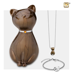 Princess Cat™ Shaped Bronze Colored Pet Cremation Urn, Cat Shaped Silver Colored Bracelet Bead and a Princess Cat Shaped Bronze Pendant Bracelet.