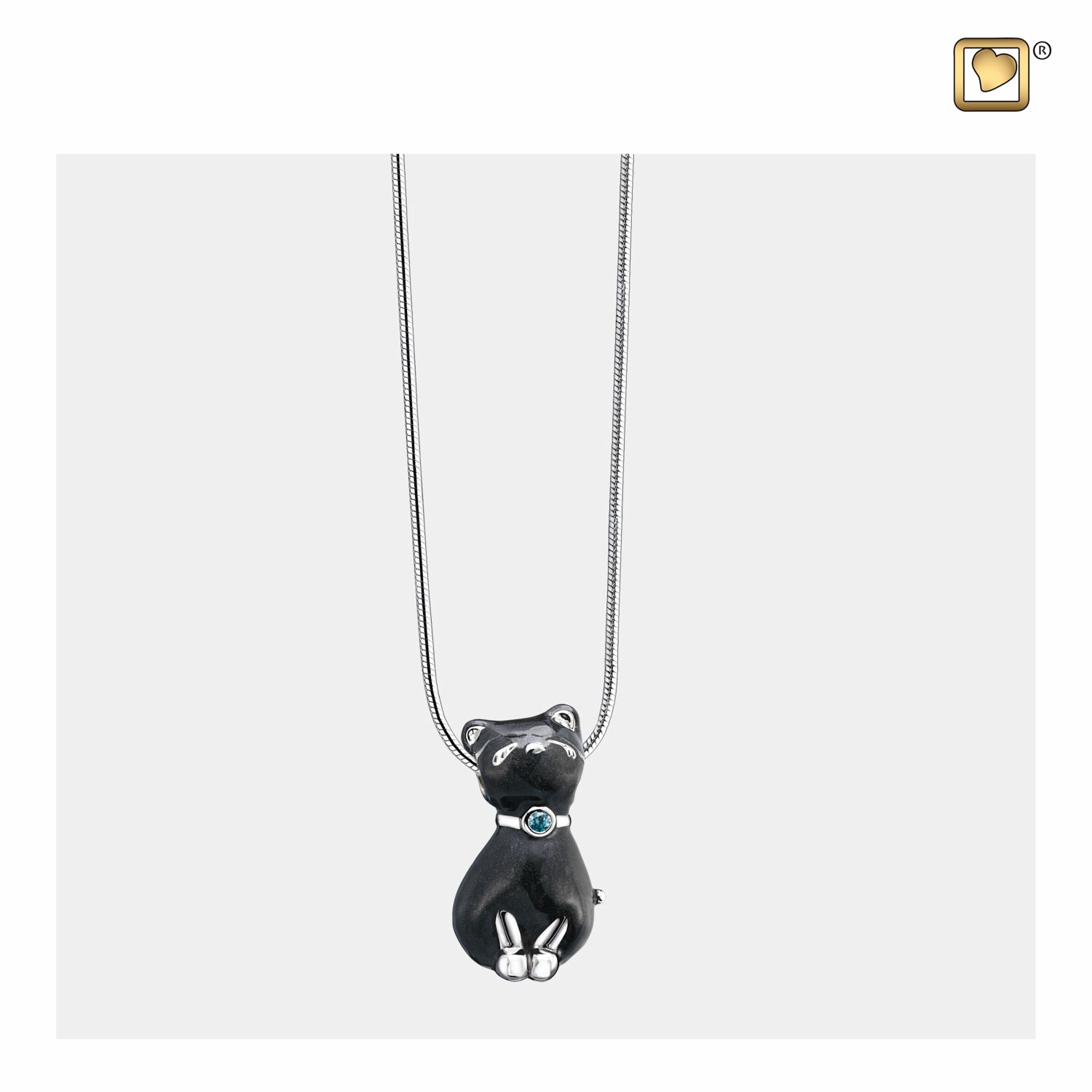 Princess Cat™ Shaped Midnight Black Colored with Sapphire Swarovski Crystal Sterling Silver Cremation Pendant