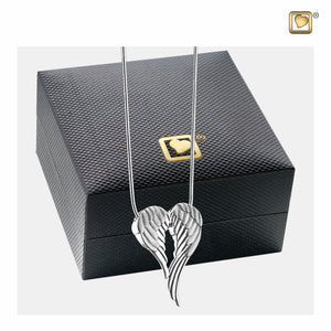 Angel Wings™ Shaped Sterling Silver Cremation Pendant Necklace with Black Cover Box