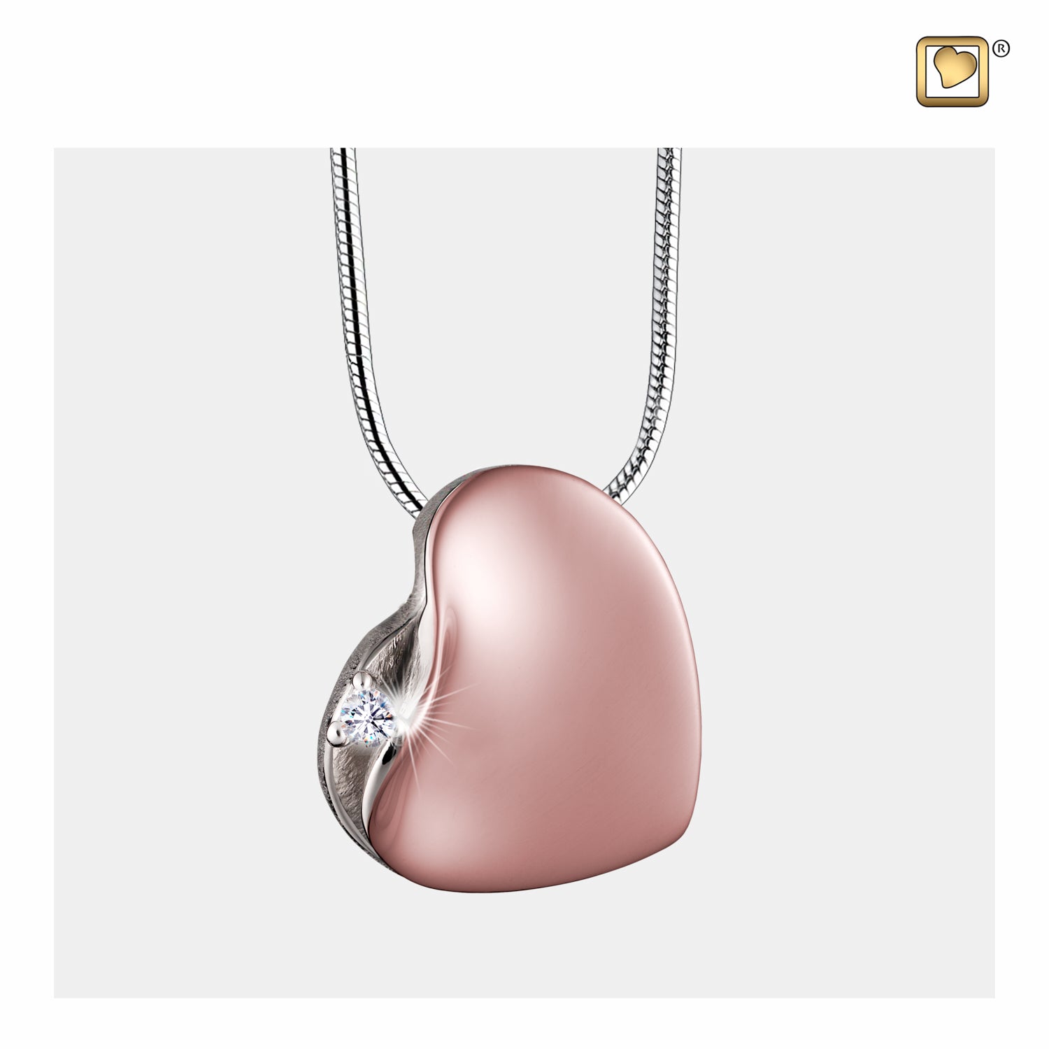 Leaning Heart™ Shaped with Crystal Rose Colored Gold Sterling Silver Cremation Pendant
