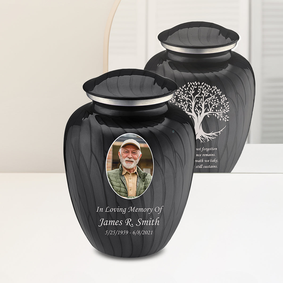 Adult Embrace Pearl Black Portrait with Tree of Life Cremation Urn