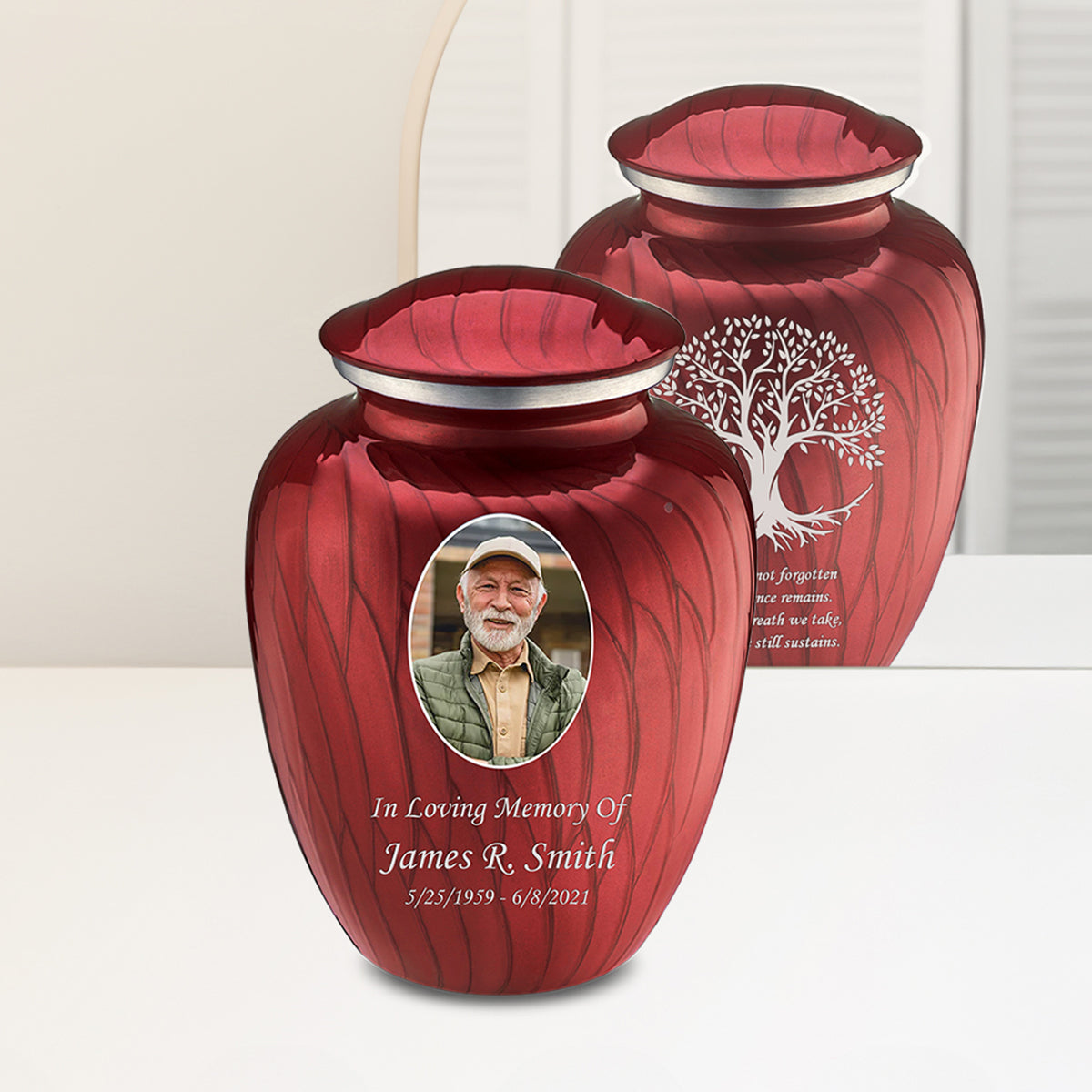 Adult Embrace Pearl Candy Red Portrait with Tree of Life Cremation Urn