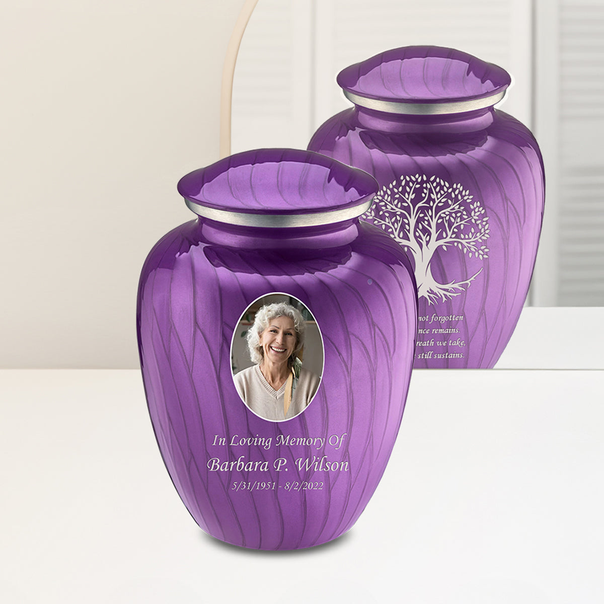Adult Embrace Pearl Purple Portrait with Tree of Life Cremation Urn