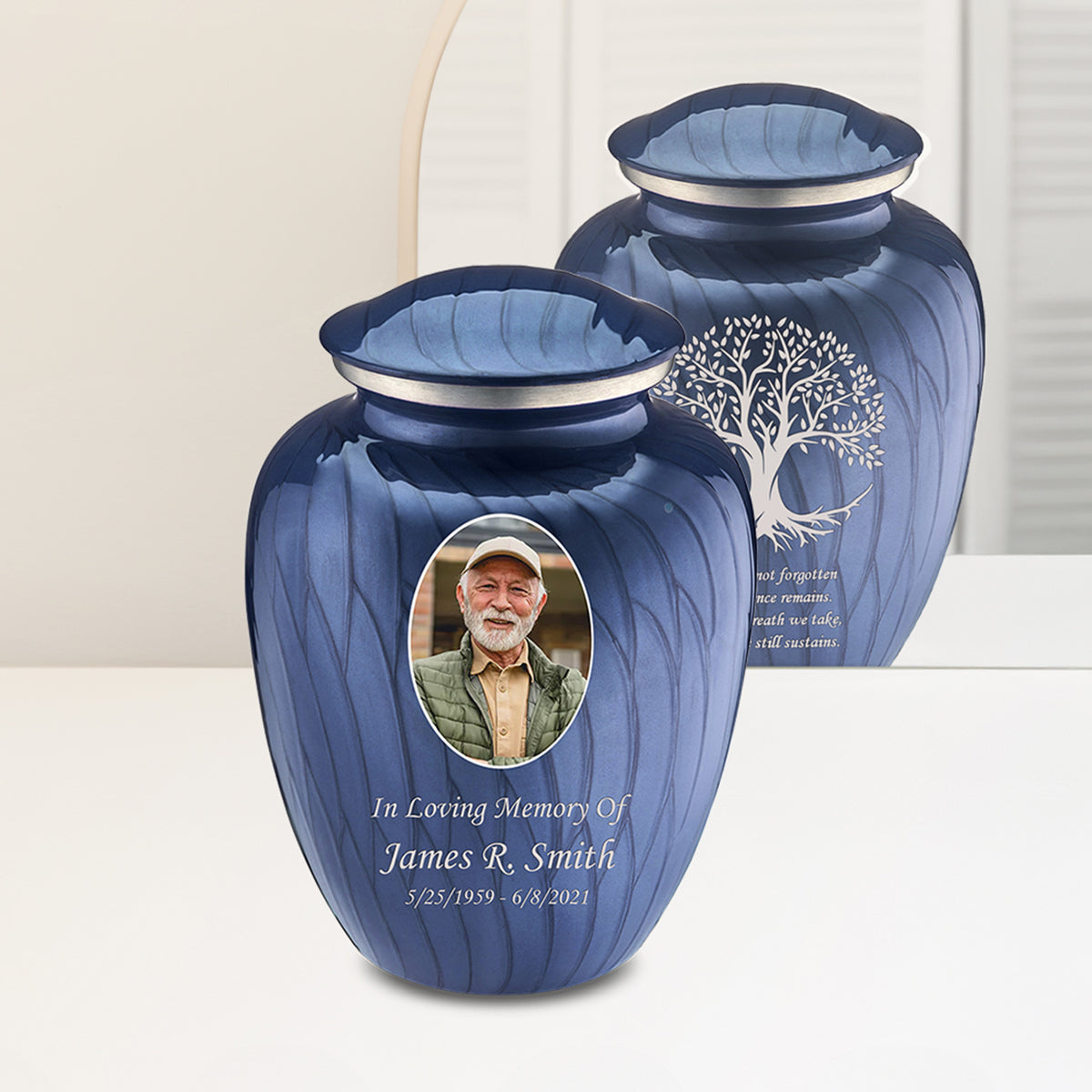 Adult Embrace Pearl Cobalt Blue Portrait with Tree of Life Cremation Urn