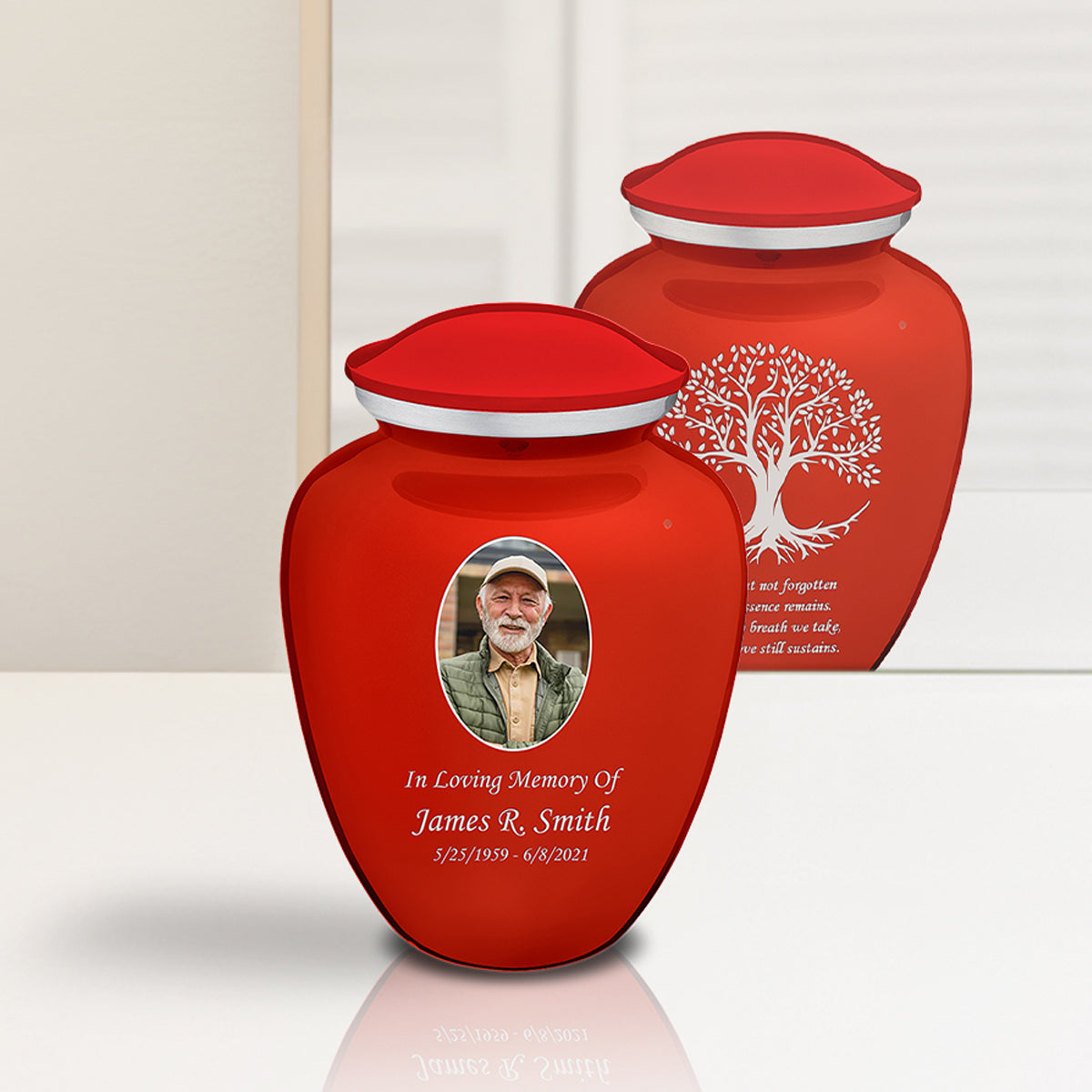 Medium Embrace Bright Red Portrait with Tree of Life Cremation Urn
