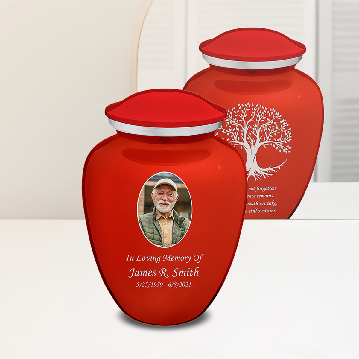Adult Embrace Bright Red Portrait with Tree of Life Cremation Urn