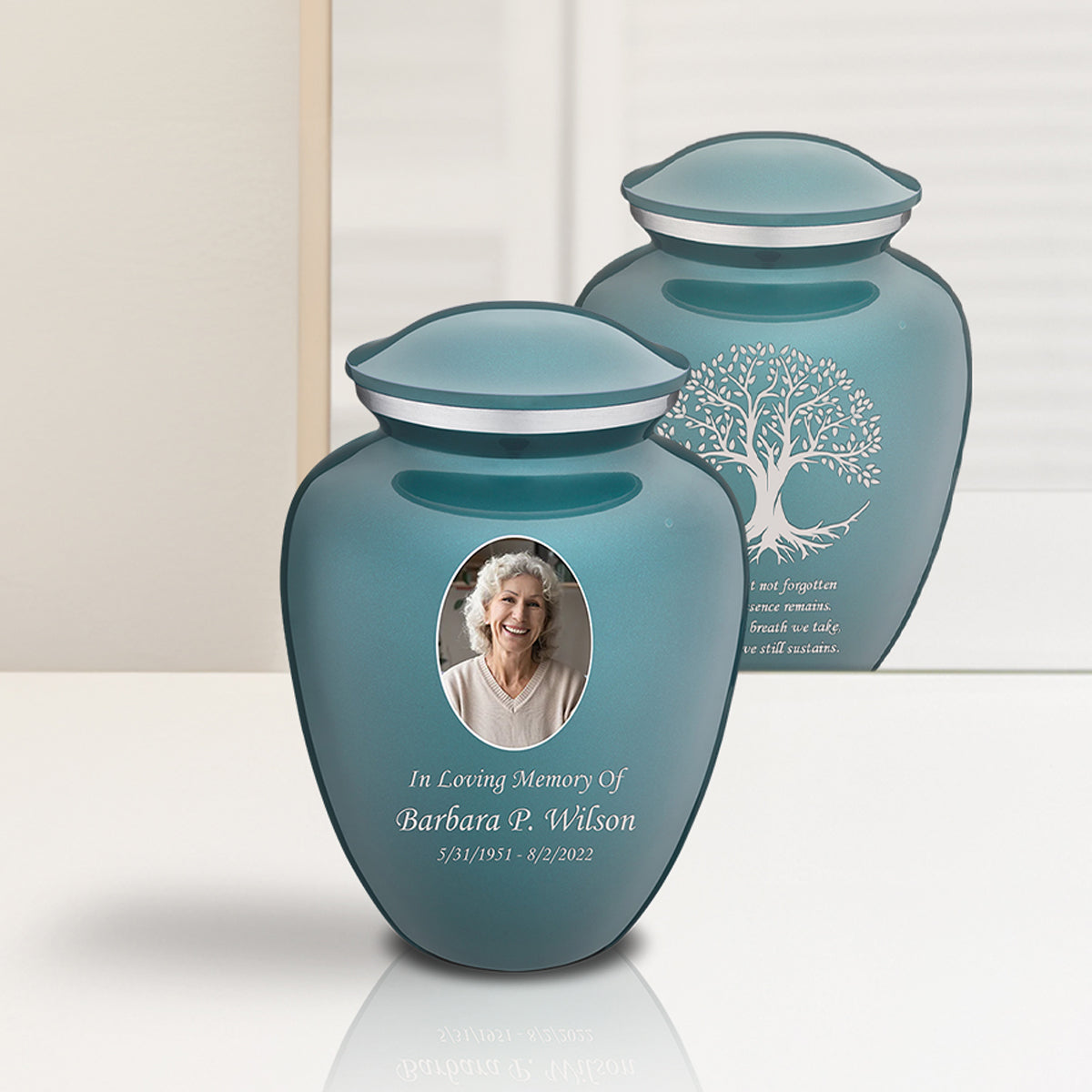 Medium Embrace Teal Portrait with Tree of Life Cremation Urn