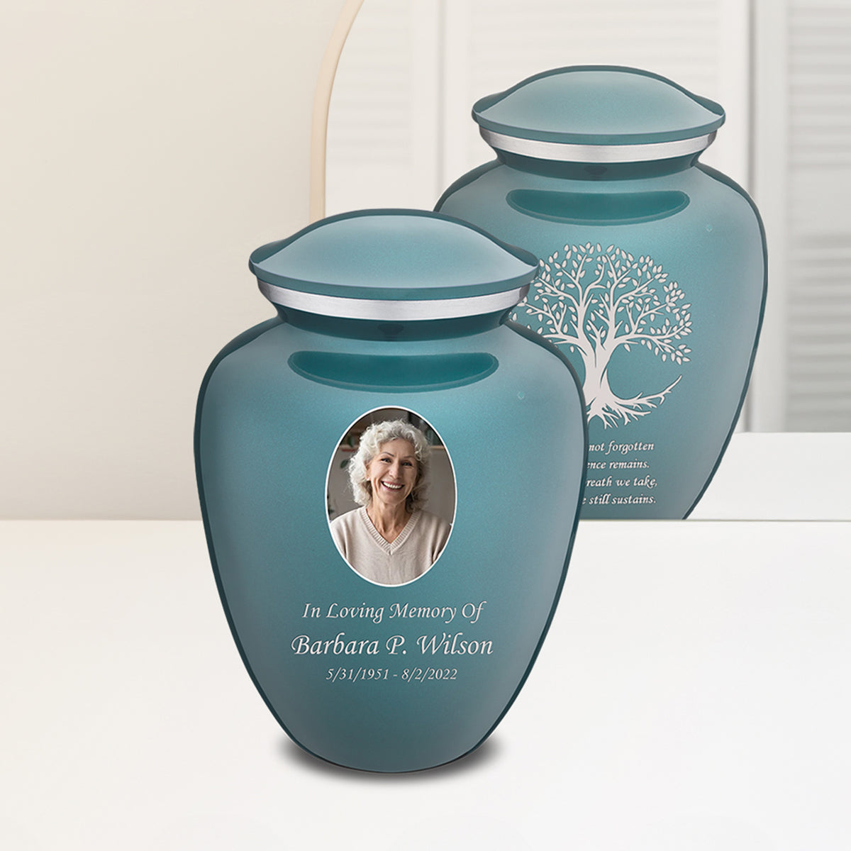 Adult Embrace Teal Portrait with Tree of Life Cremation Urn