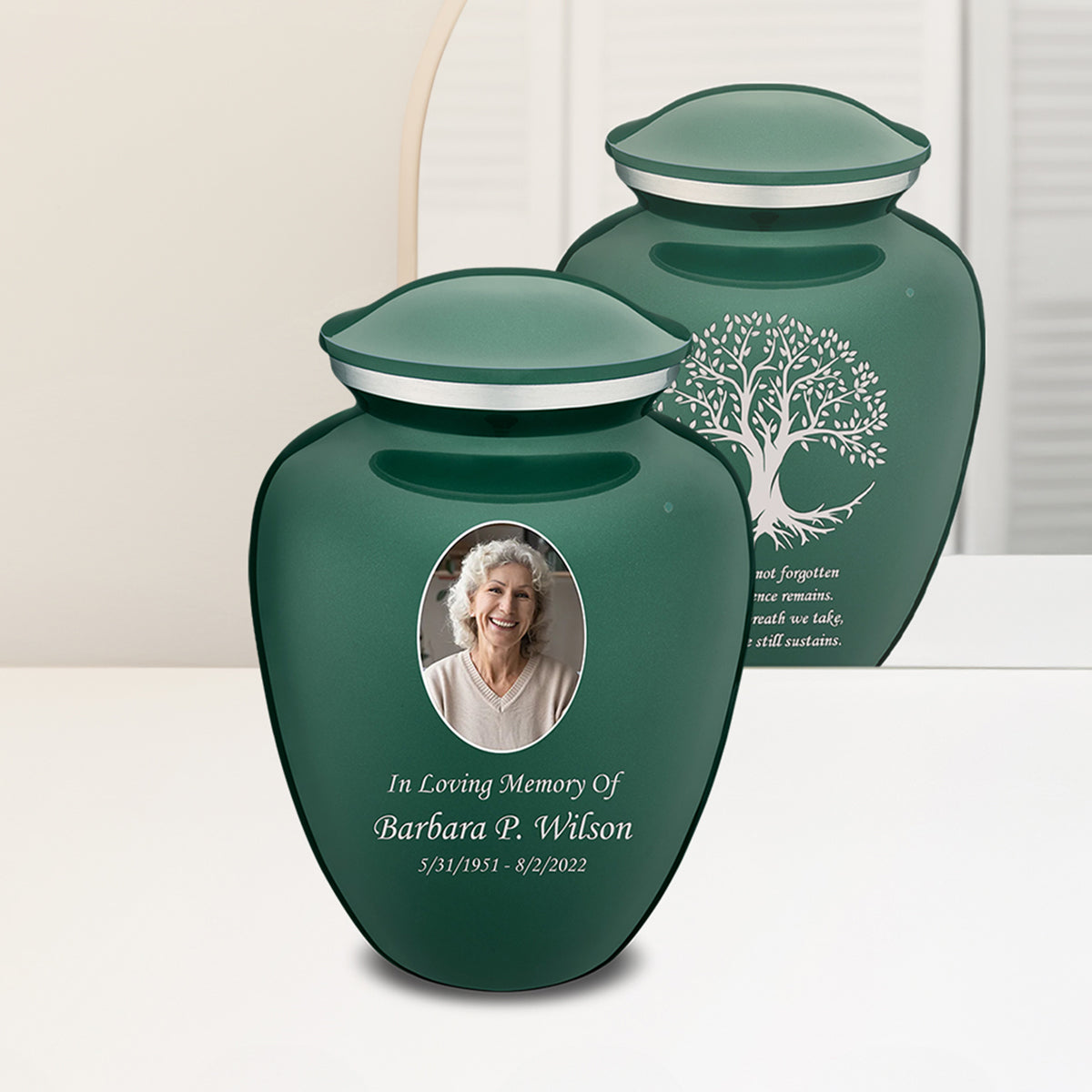 Adult Embrace Green Portrait with Tree of Life Cremation Urn