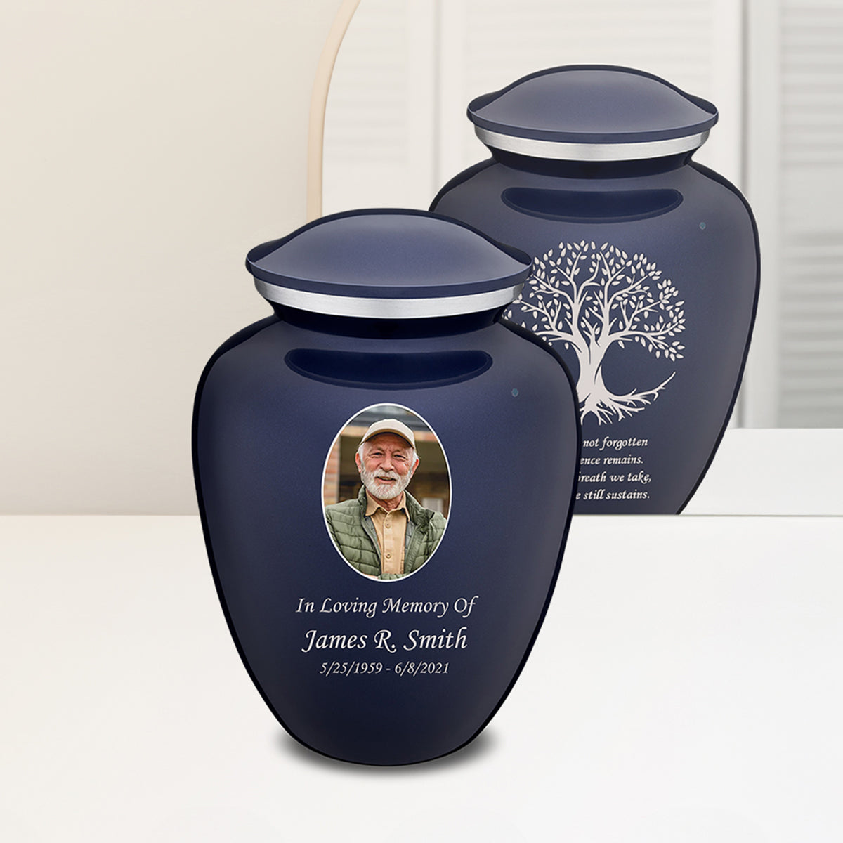 Adult Embrace Cobalt Blue Portrait with Tree of Life Cremation Urn