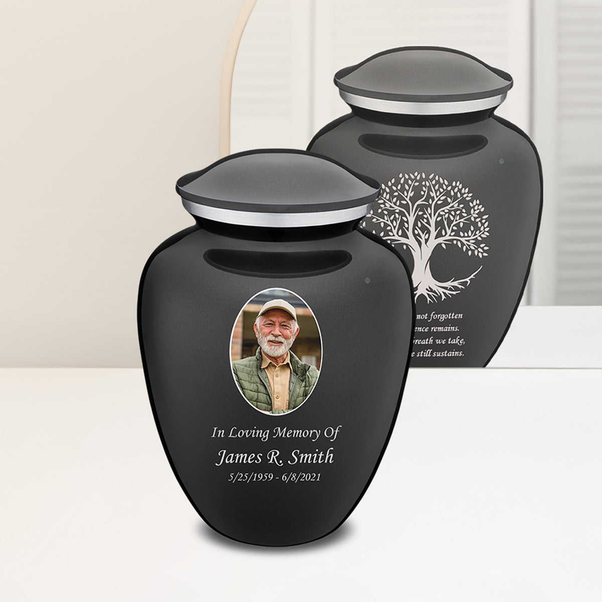 Adult Embrace Charcoal Portrait with Tree of Life Cremation Urn