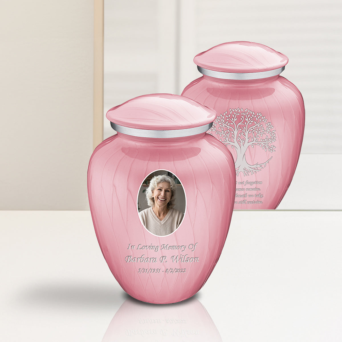 Medium Embrace Pearl Pink Portrait with Tree of Life Cremation Urn