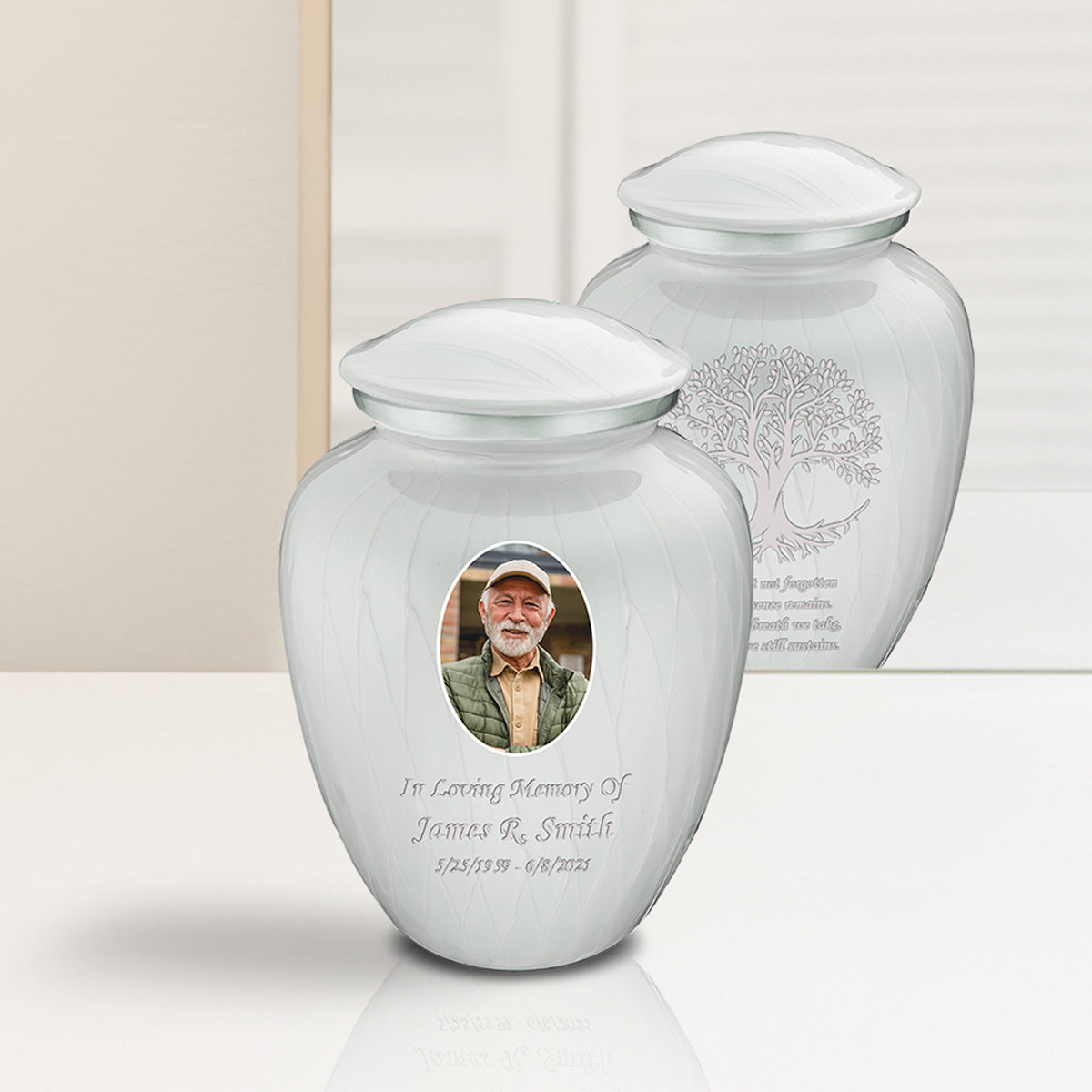 Medium Embrace Pearl White Portrait with Tree of Life Cremation Urn