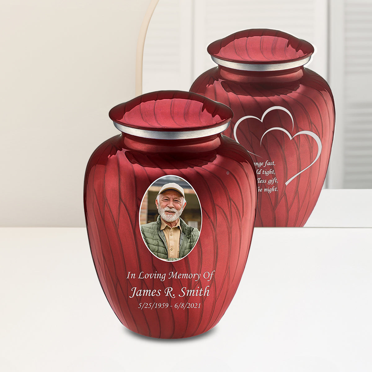 Adult Embrace Pearl Candy Red Portrait with Hearts Cremation Urn