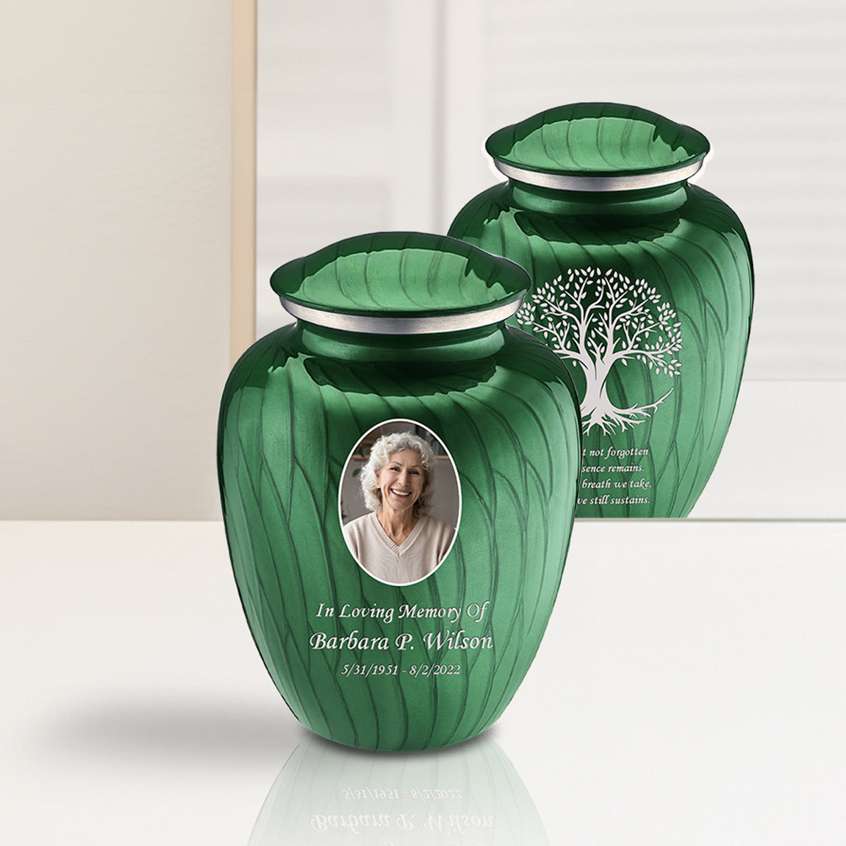 Medium Embrace Pearl Green Portrait with Tree of Life Cremation Urn