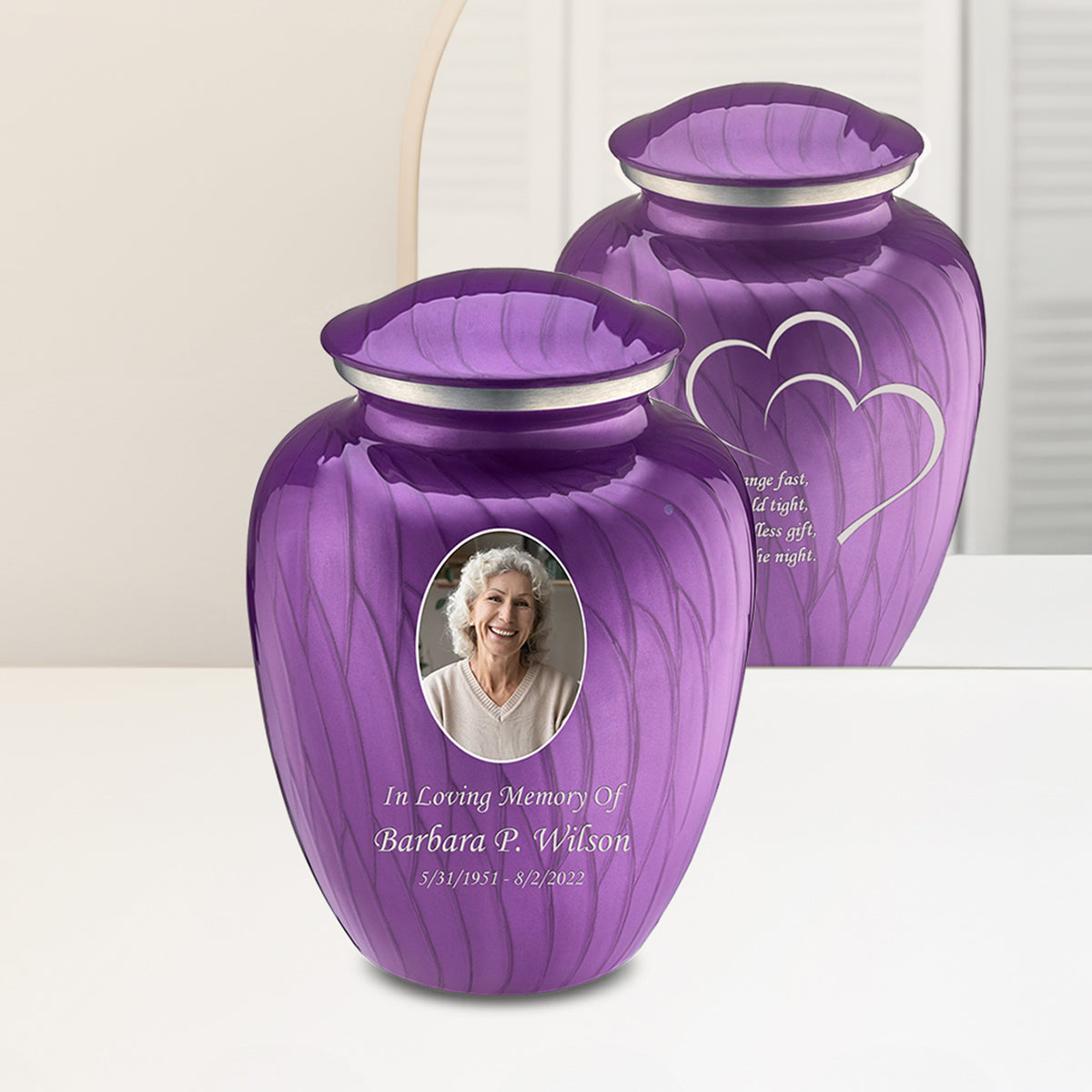 Adult Embrace Pearl Purple Portrait with Hearts Cremation Urn