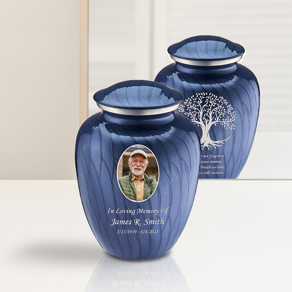 Medium Embrace Pearl Cobalt Blue Portrait with Tree of Life Cremation Urn