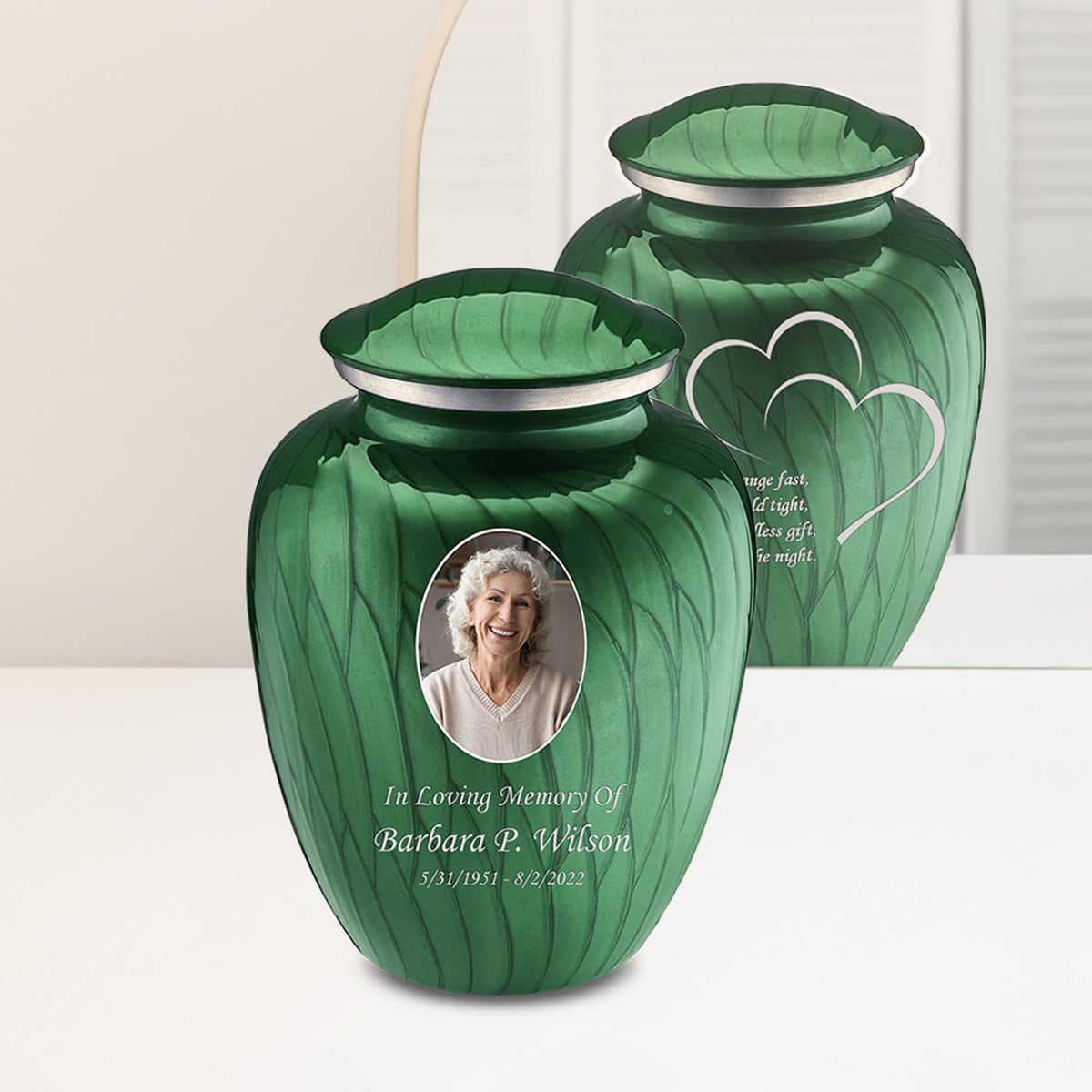 Adult Embrace Pearl Green Portrait with Hearts Cremation Urn