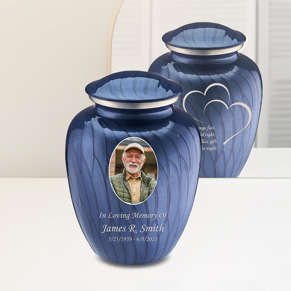 Adult Embrace Pearl Cobalt Blue Portrait with Hearts Cremation Urn