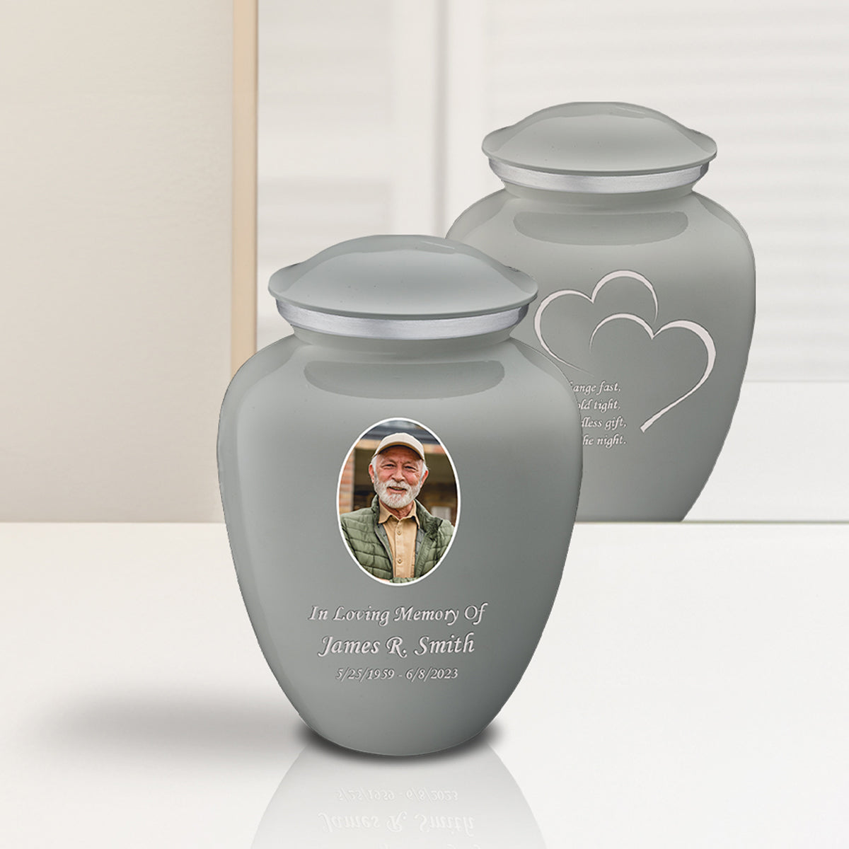Medium Embrace Slate Grey Portrait with Hearts Cremation Urn