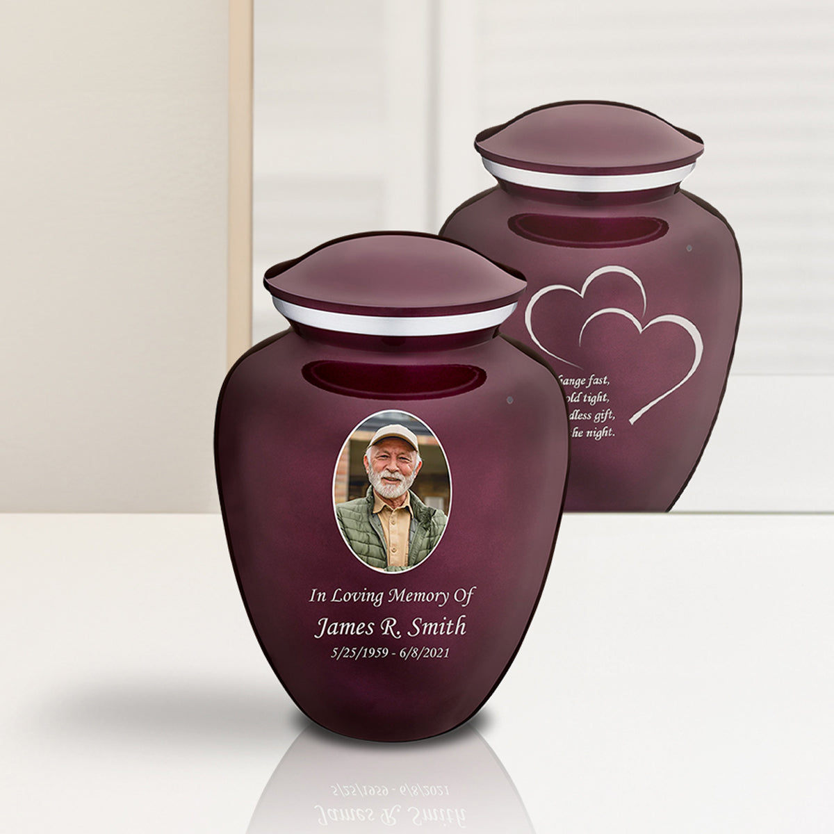 Medium Embrace Cherry Purple Portrait with Hearts Cremation Urn