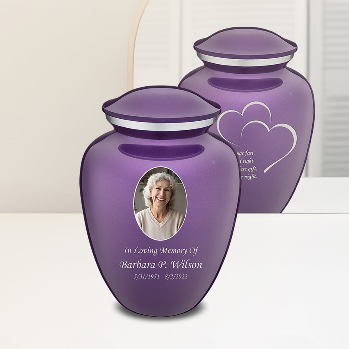 Adult Embrace Purple Portrait with Hearts Cremation Urn