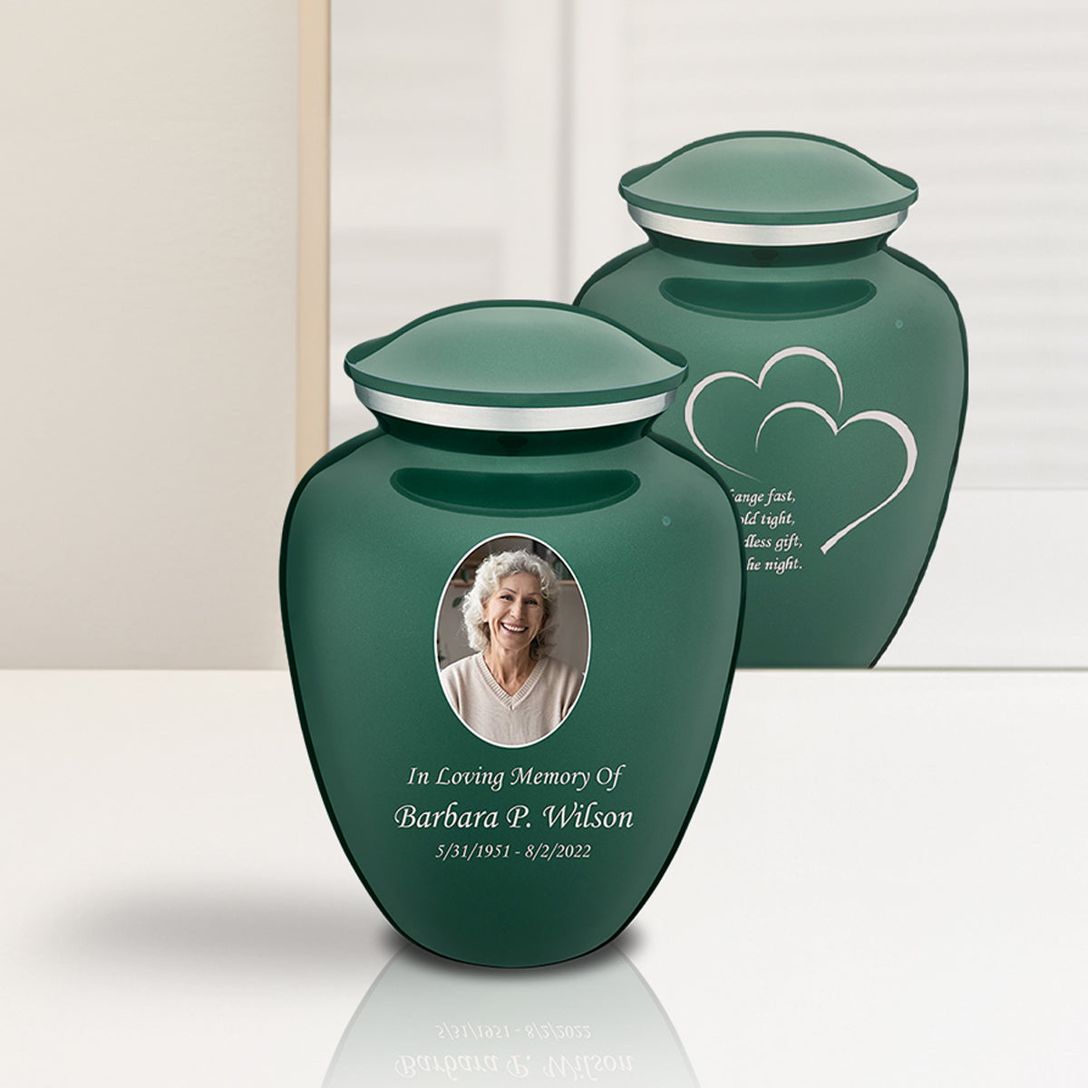 Medium Embrace Green Portrait with Hearts Cremation Urn