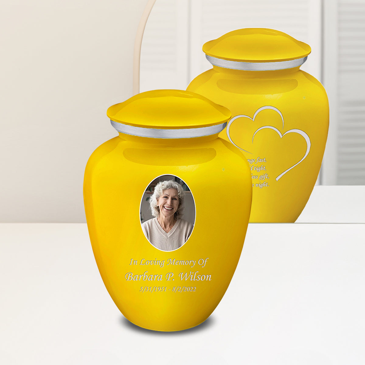 Adult Embrace Yellow Portrait with Hearts Cremation Urn