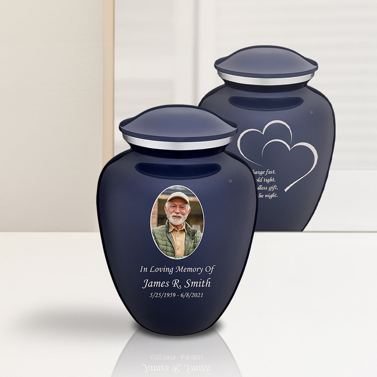 Medium Embrace Cobalt Blue Portrait with Hearts Cremation Urn