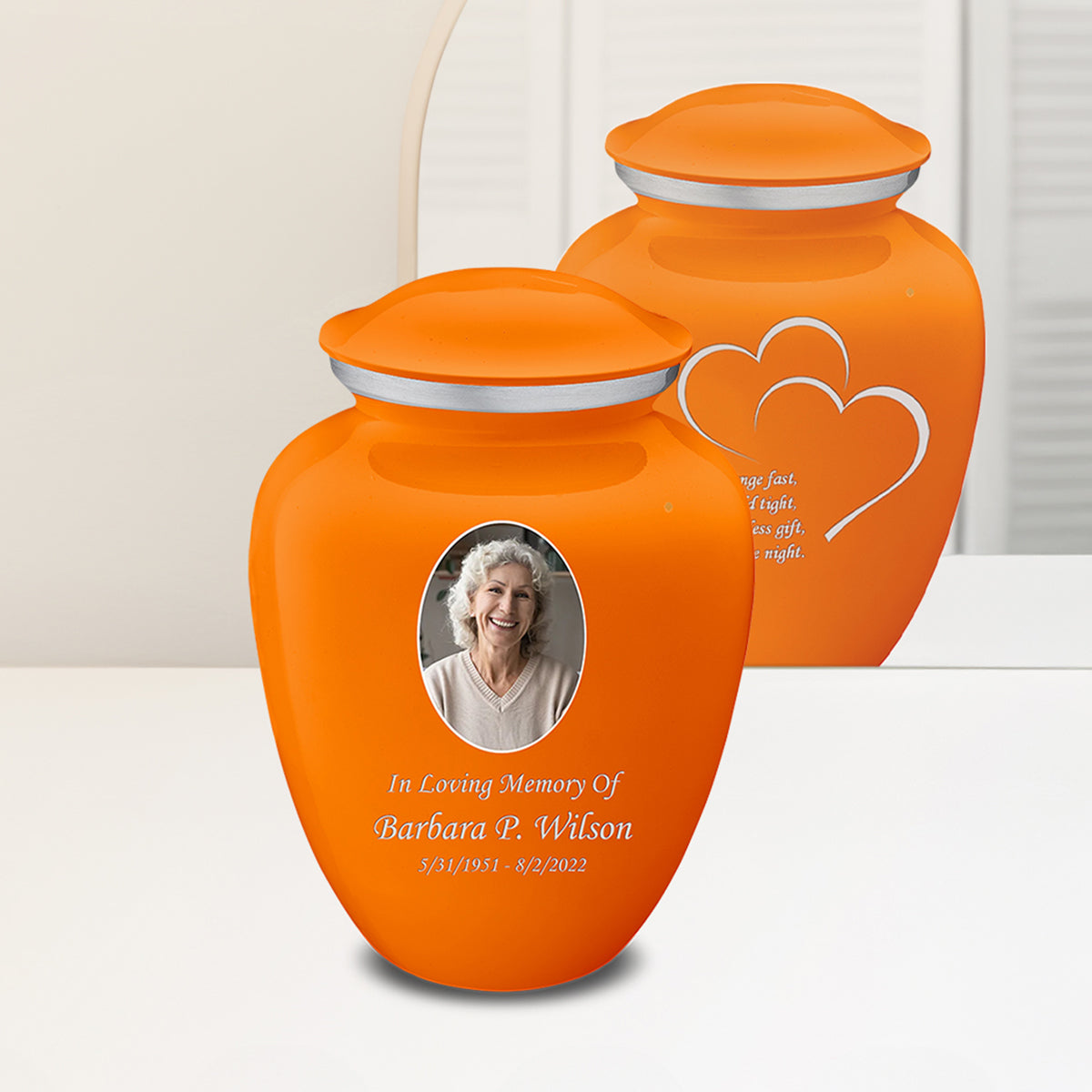 Adult Embrace Burnt Orange Portrait with Hearts Cremation Urn
