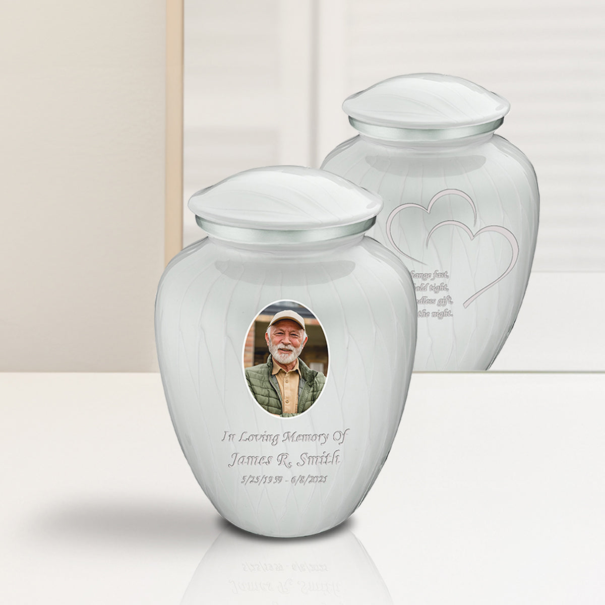 Medium Embrace Pearl White Portrait with Hearts Cremation Urn