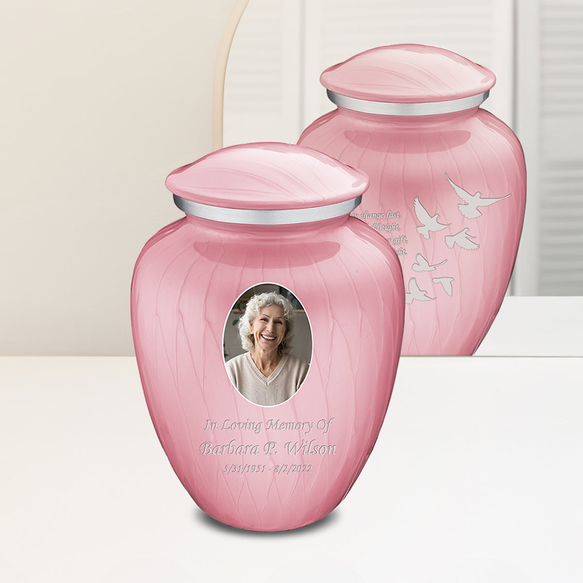 Adult Embrace Pearl Pink Portrait with Doves Cremation Urn