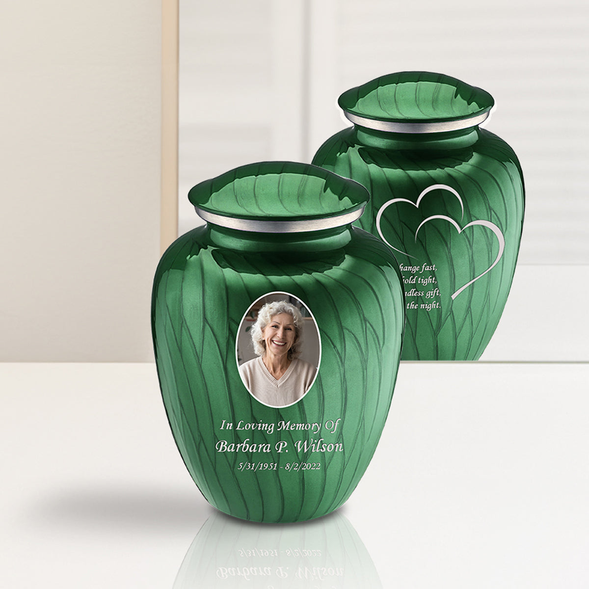 Medium Embrace Pearl Green Portrait with Hearts Cremation Urn