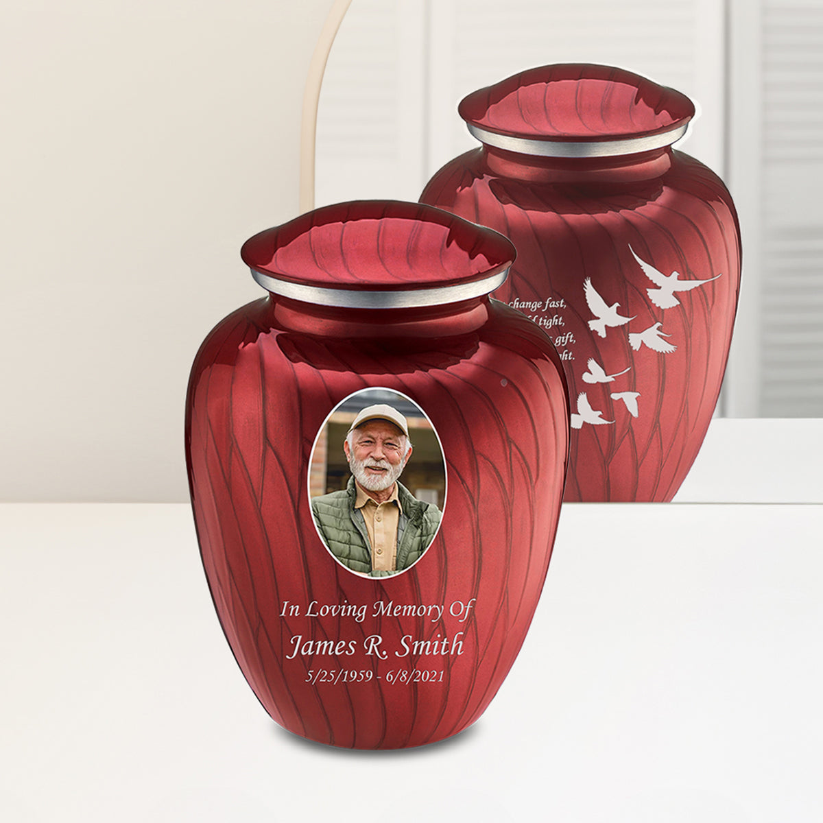 Adult Embrace Pearl Candy Red Portrait with Doves Cremation Urn