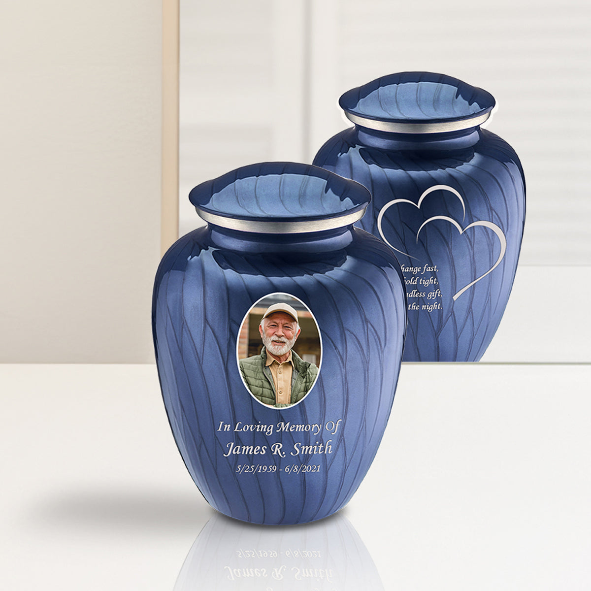 Medium Embrace Pearl Cobalt Blue Portrait with Hearts Cremation Urn