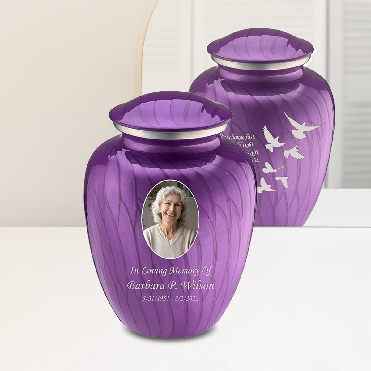 Adult Embrace Pearl Purple Portrait with Doves Cremation Urn