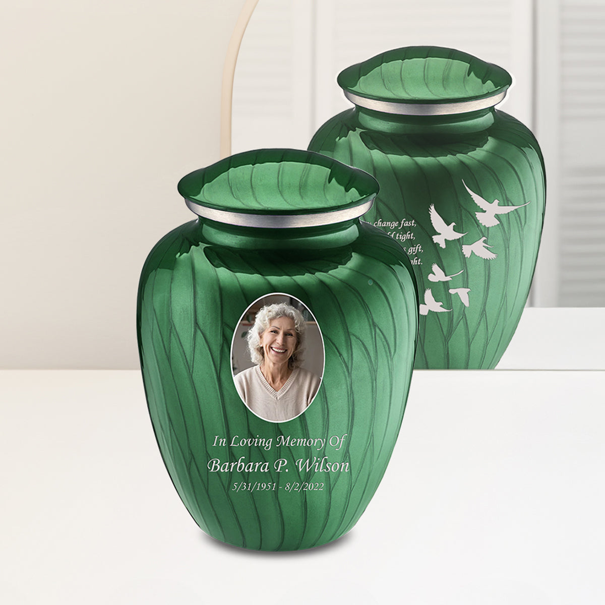 Adult Embrace Pearl Green Portrait with Doves Cremation Urn
