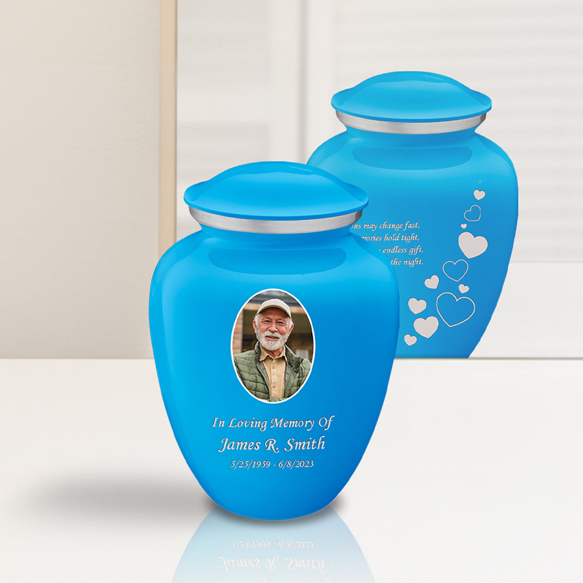 Medium Embrace Racing Blue Portrait with Floating Hearts Cremation Urn