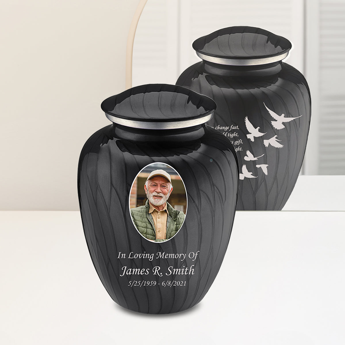 Adult Embrace Pearl Black Portrait Doves Cremation Urn