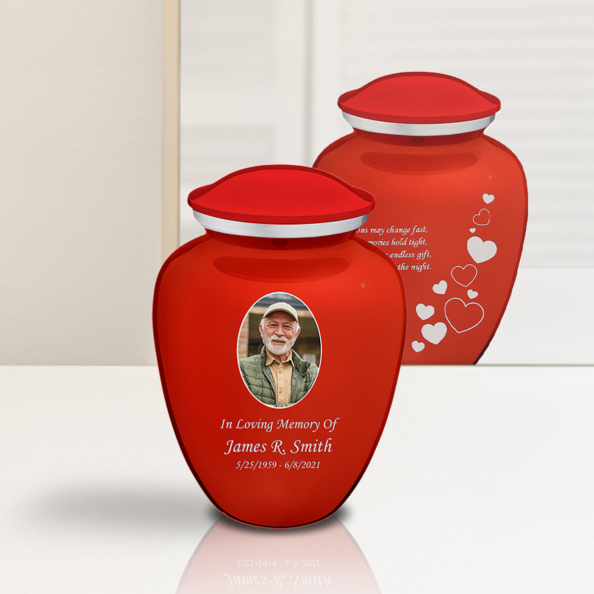 Medium Embrace Bright Red Portrait with Floating Hearts Cremation Urn