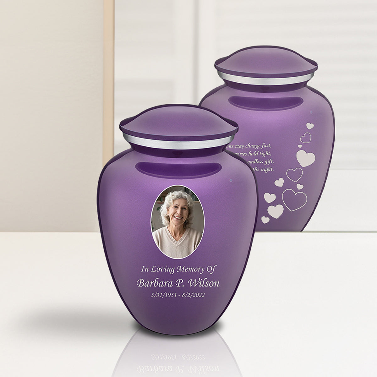 Medium Embrace Purple Portrait with Floating Hearts Cremation Urn