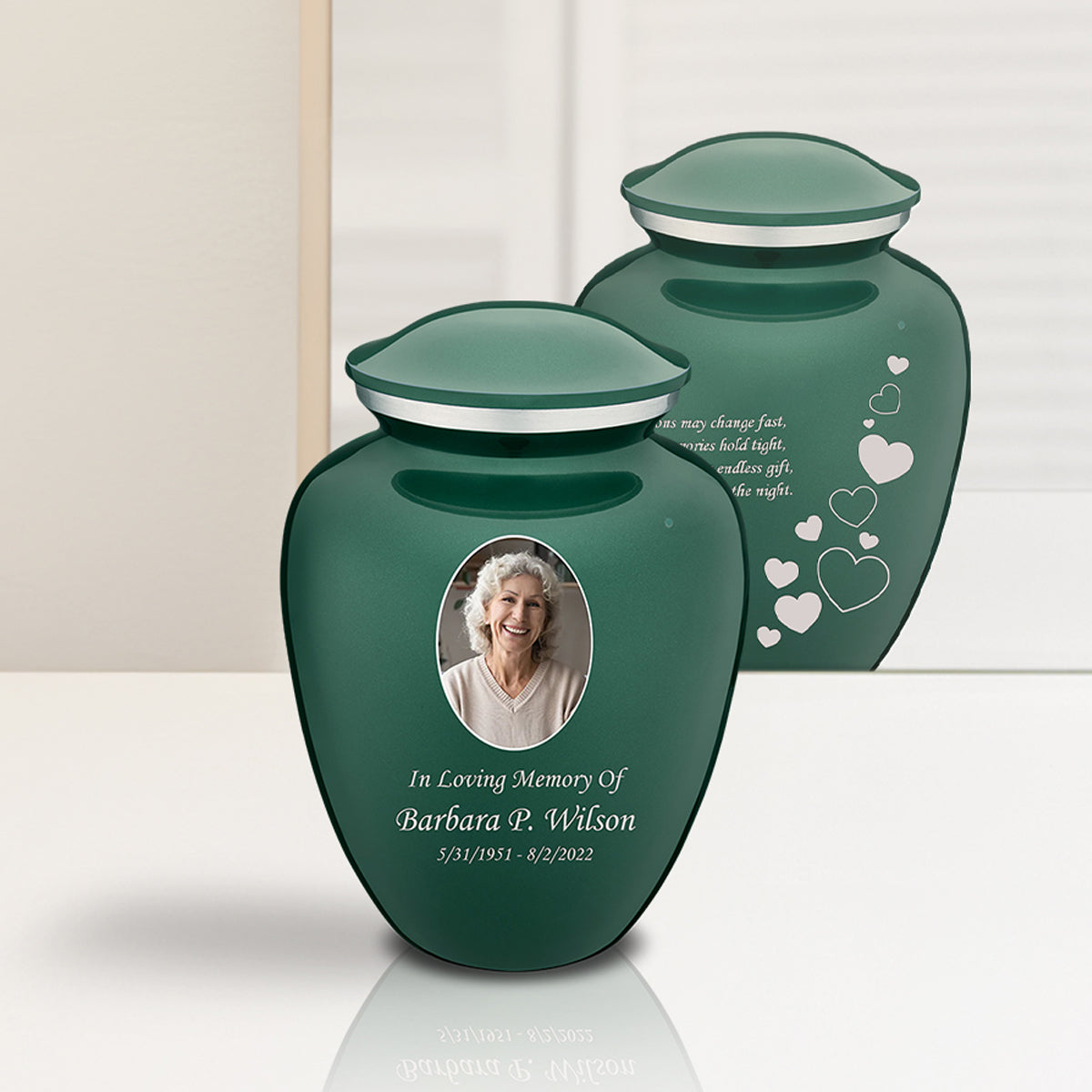 Medium Embrace Green Portrait with Floating Hearts Cremation Urn