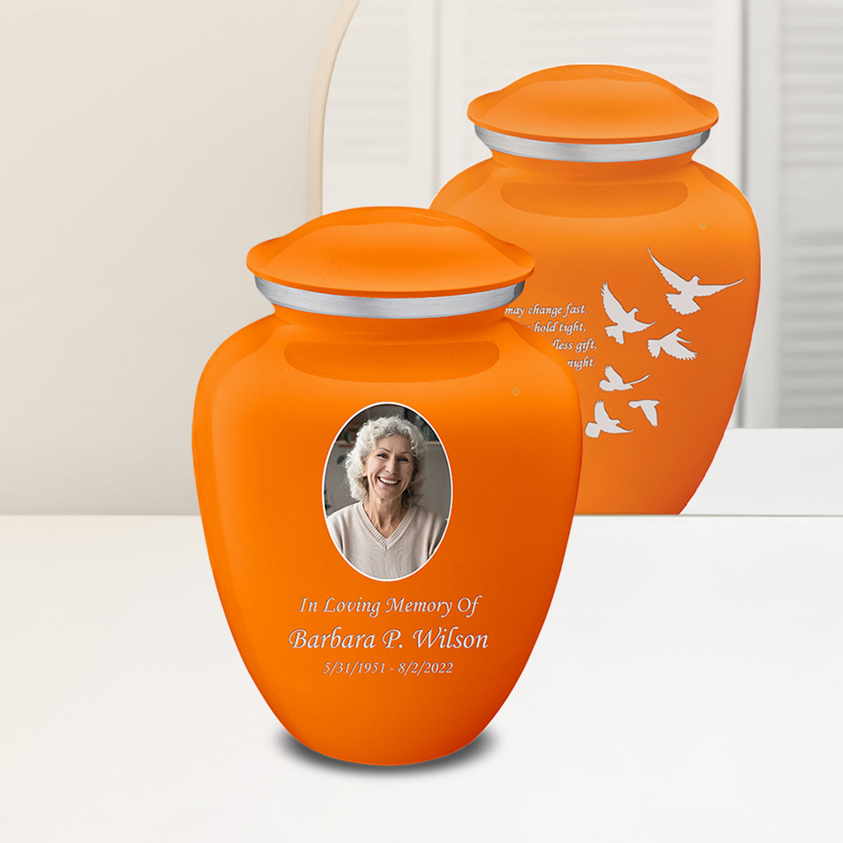 Adult Embrace Burnt Orange Portrait with Doves Cremation Urn